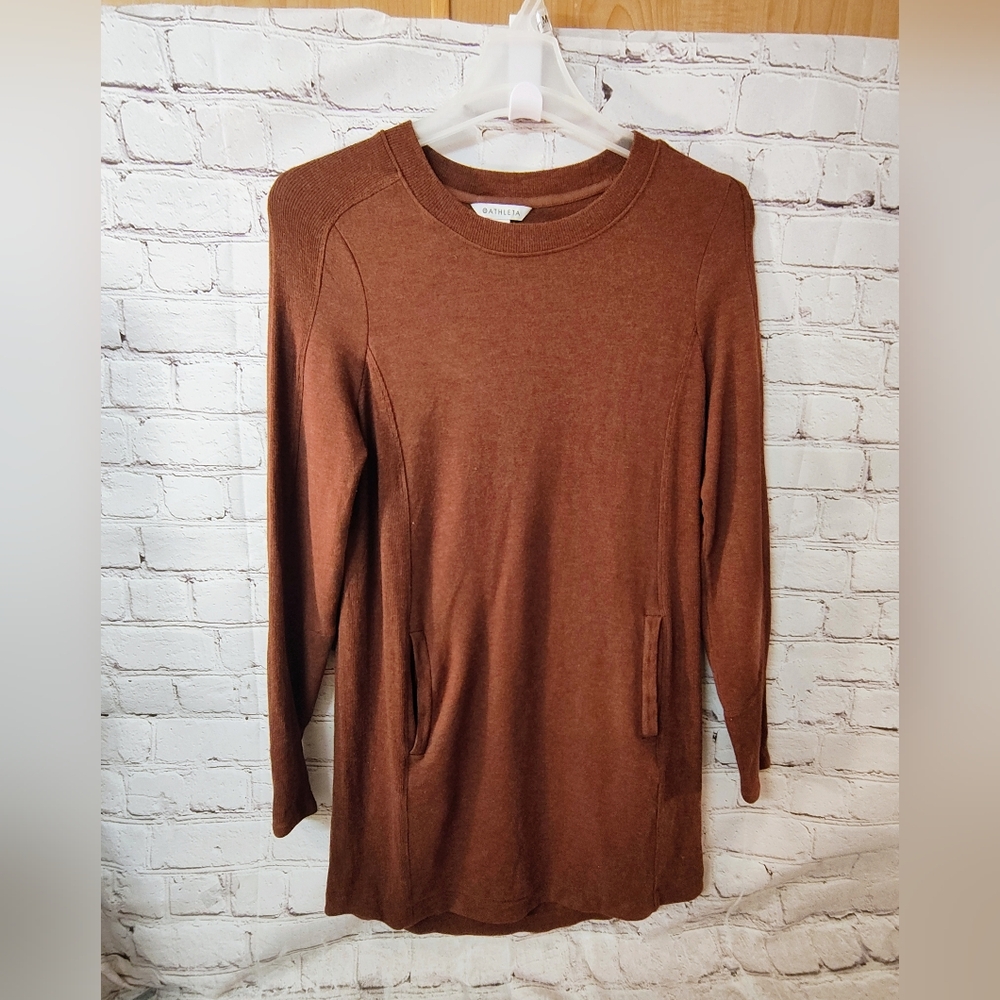 Athleta Balance Luxe Brown Sweatshirt Dress M Stash Sleeve Pocket Skater Commute